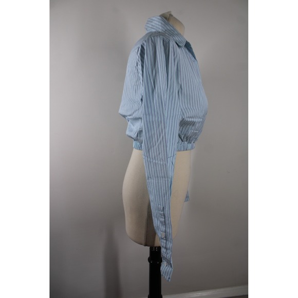 Maje Size M? Blue Striped Poplin Cropped Button Down Shirt Top Elastic Hem - Picture 3 of 10
